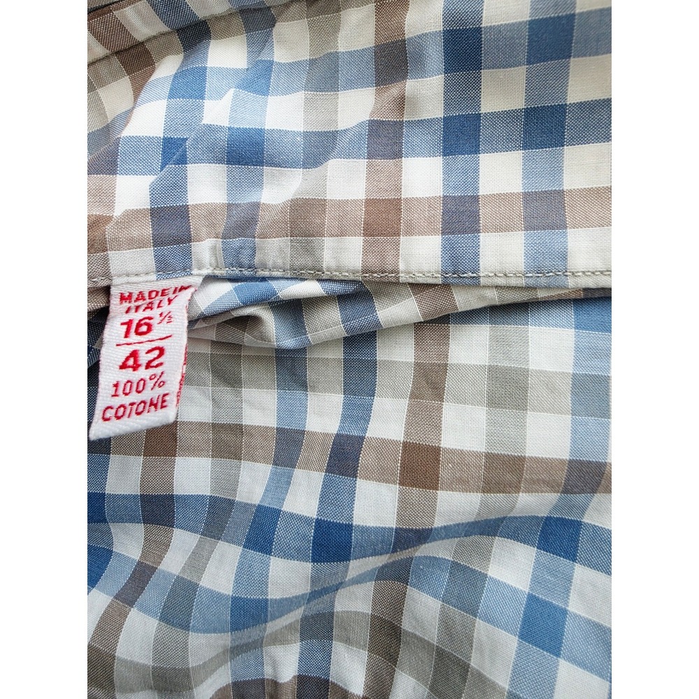 Isaia Napoli Mens 16.5 42 Blue Brown Check Cotton Button Down Shirt‎ Made Italy - Picture 5 of 11